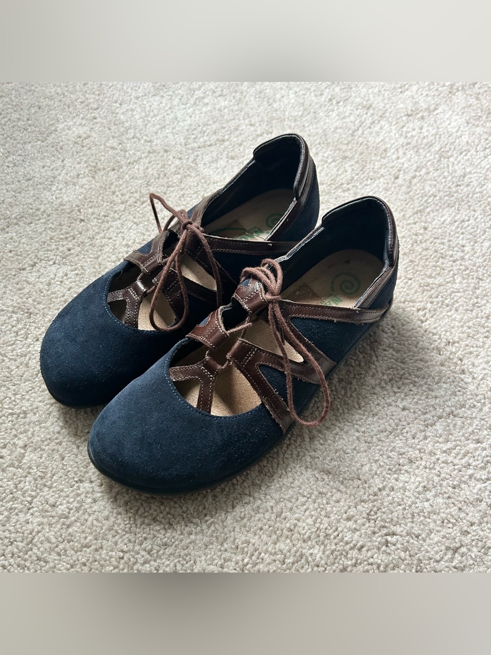 Sz 37 Women’s 6 Naot Timu Lace Up Mary Jane Style Flats Navy Nubuck Leather